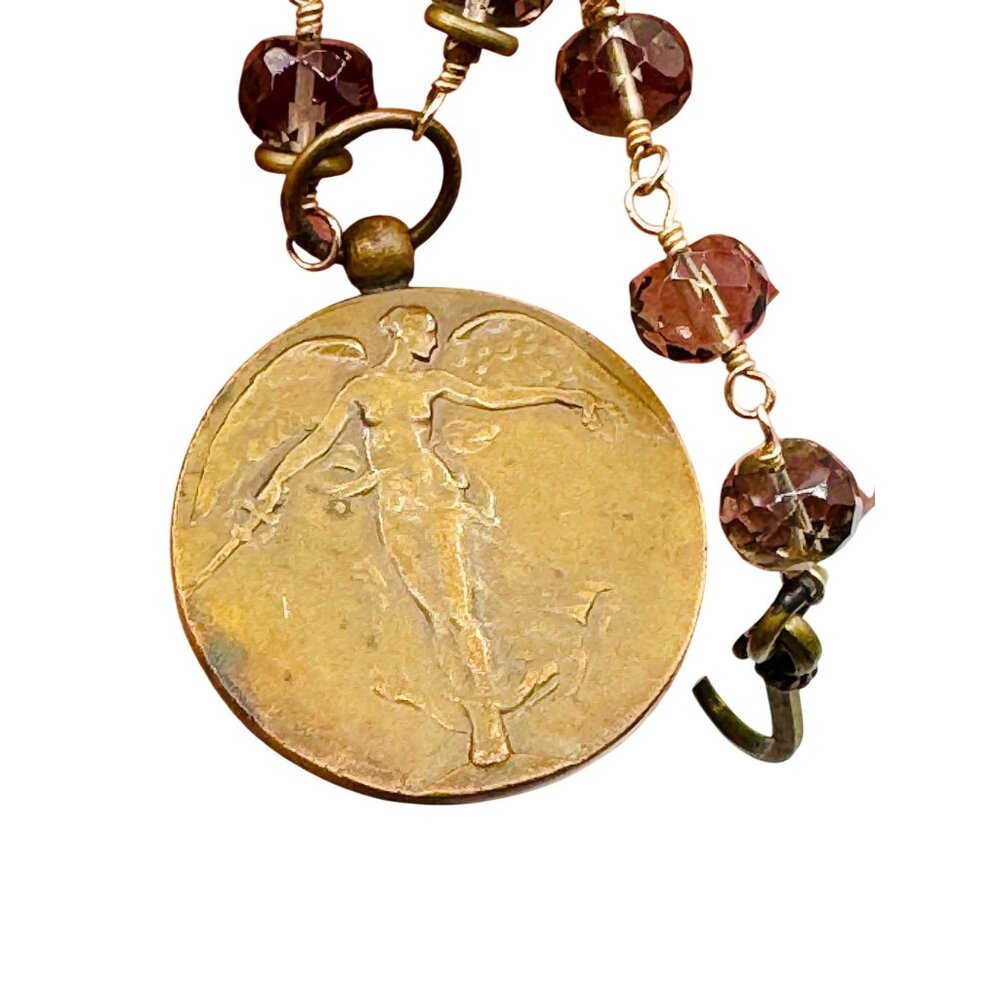Belgium WW1 Victory Allied Pendant Necklace With Smokey Quartz Beads